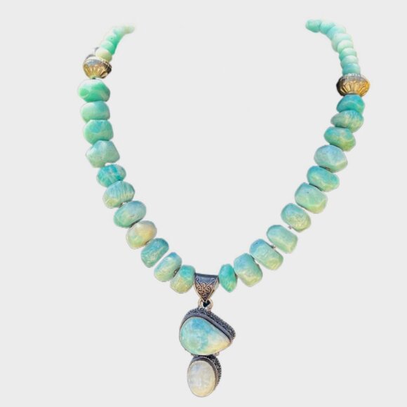 Handcrafted Jewelry - Handcrafted Amazonite, Larimar and Moonstone Beaded Necklace Bronze Tone Accents